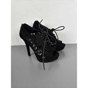 Vintage Deb Peep Toe Platform Lattice Stilettos‎ Heels Black Velvet Size 6